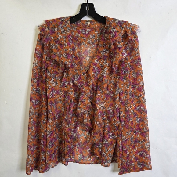 Free People Tops - Free people Boho Floral Ruffle long slleves flowy Blouse in Orange and Pink
